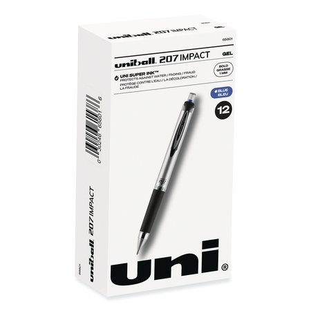 Uni-Ball Impact 207 Stick Gel Pen, Bold 1mm, Blue Ink, Black Barrel, PK12 65801